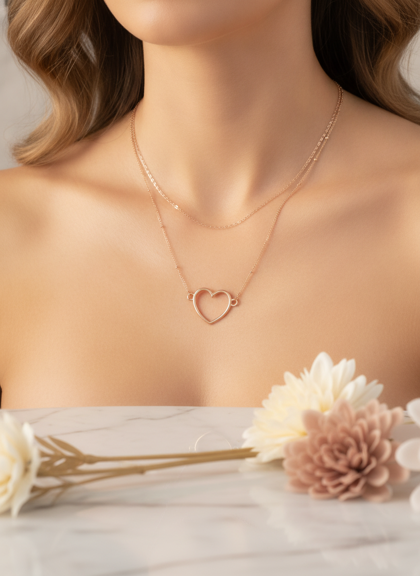 گردنبند دو لایه مدل "Double Heart Rose Gold"